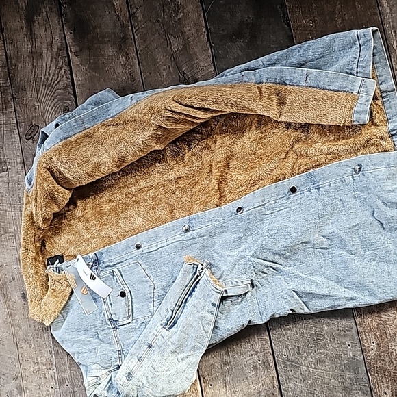 Long DENIM jean jacket/coat Fleece lined button thicker - Picture 7 of 11